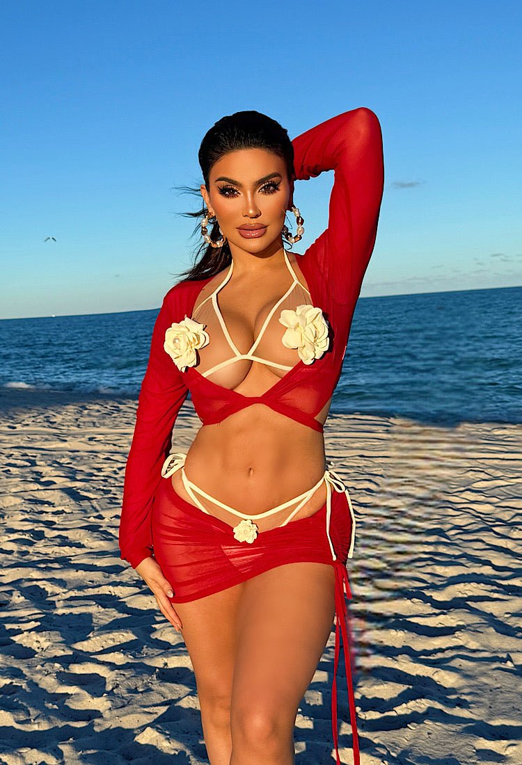 women wearing a Bahama Mama Mesh red Skirt & Top Cover Up - OMG Swim