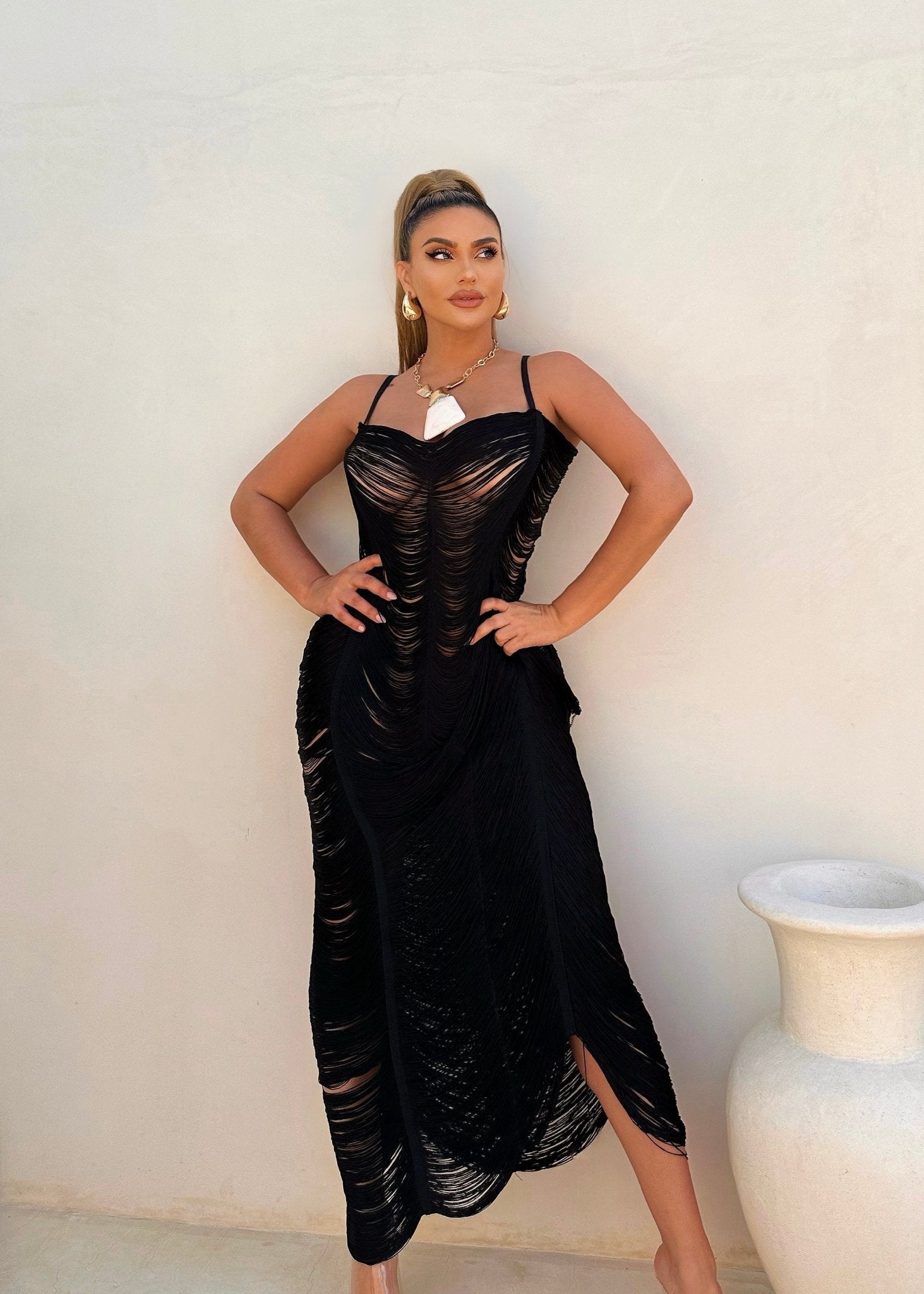 girl wearing Beach Goddess Cover Up (Black) - Omg Miami Swimwear