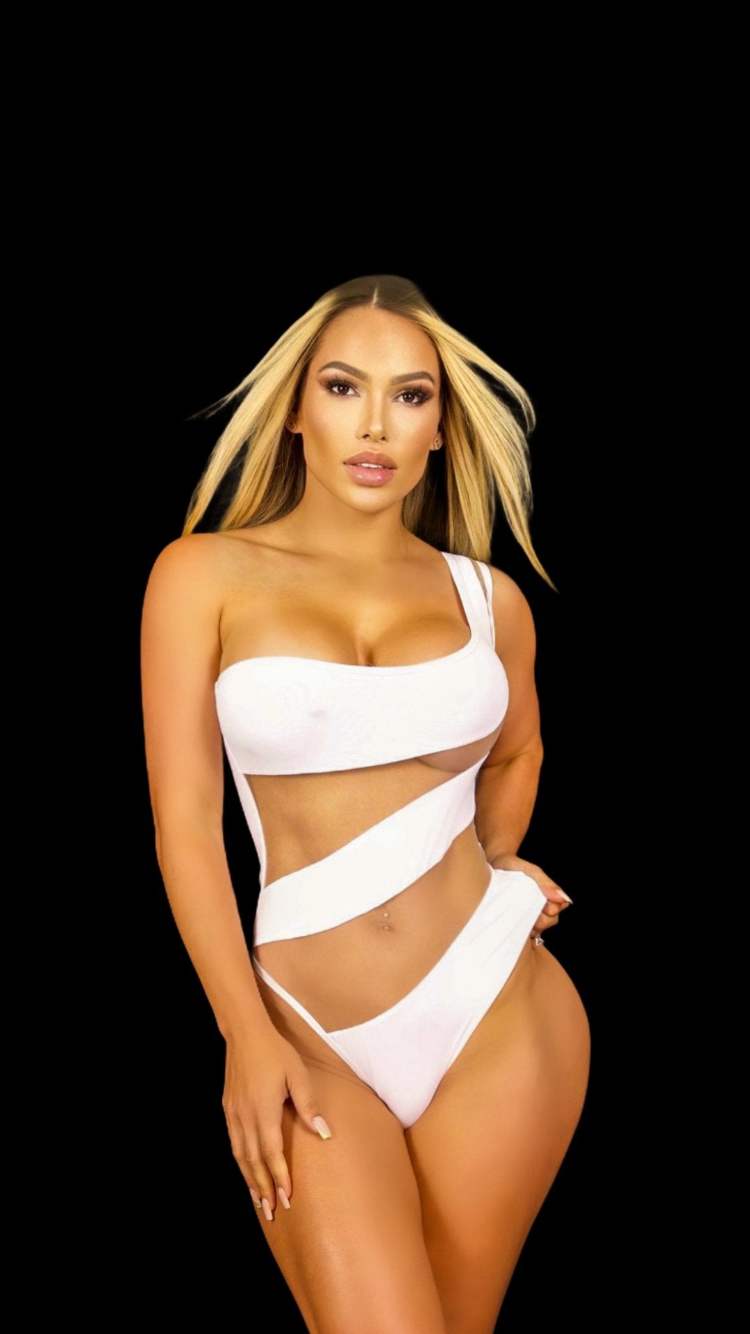 girl wearing a LOOK AT ME NOW white MONOKINI - OMG Swim