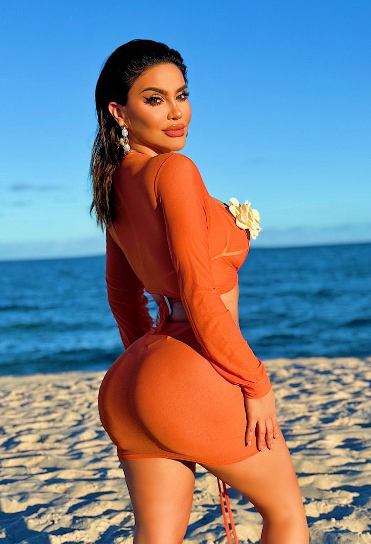 girl wearing a 2 piece cover up (Orange) - OMG Swim