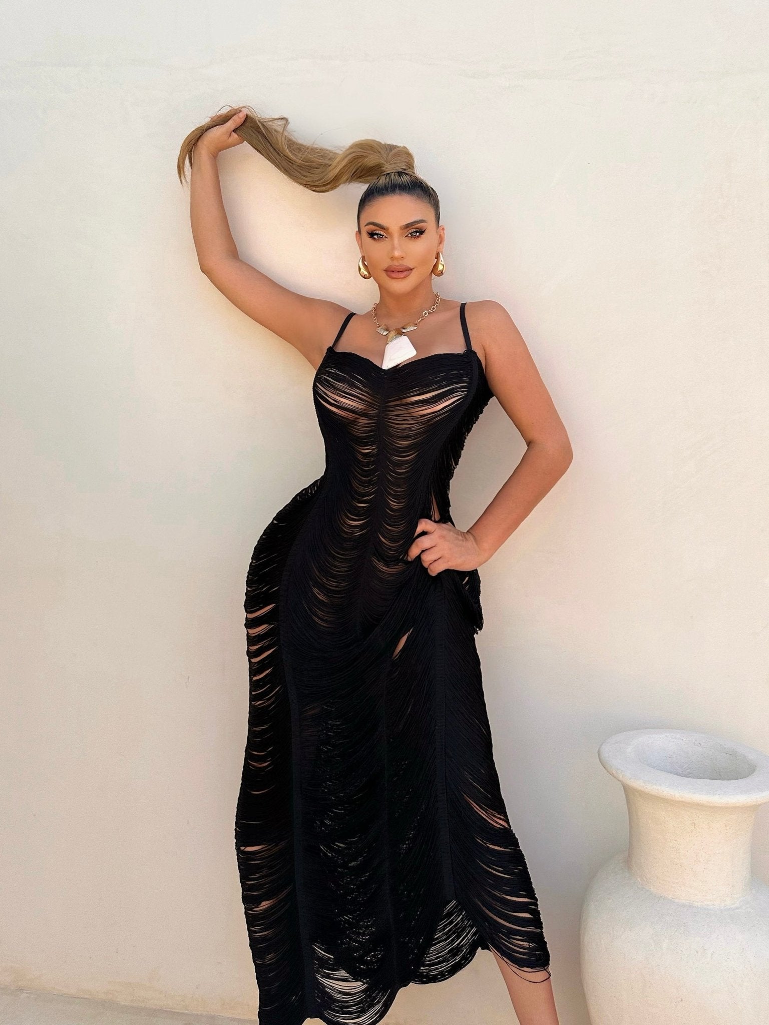 women wearing Beach Goddess Cover Up (Black) - Omg Miami Swimwear