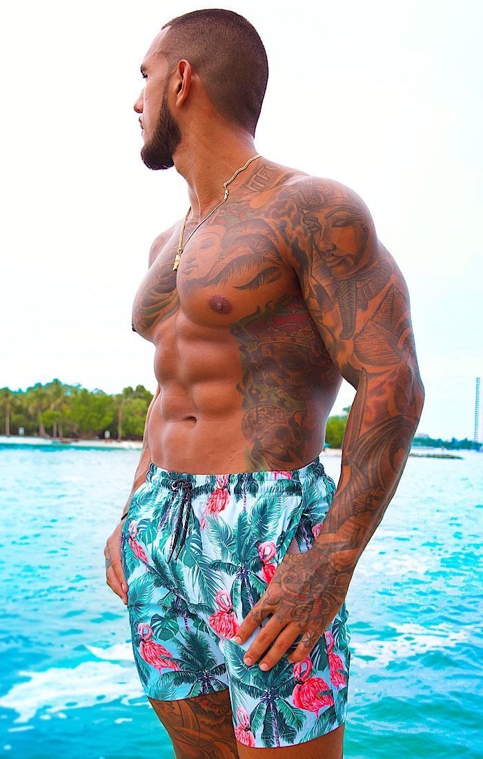 men wearing a Flamingo Drive Swim Shorts - OMG Swim